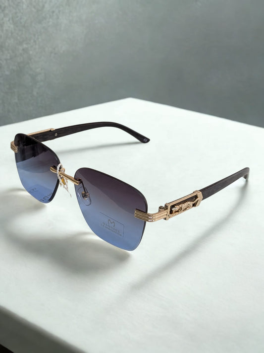 Designer Blue Gradient Rimless Sunglasses with Embossed Panther Detail